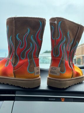 UGG Jeremy Scott Brown Suede Boots with Red and Teal Flame Motif